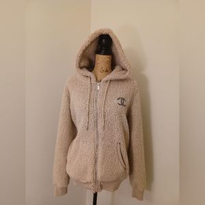 Custom CC (art chanel )appliqué patch Teddy Brown Cozy Fleece Hoody Jacket pile